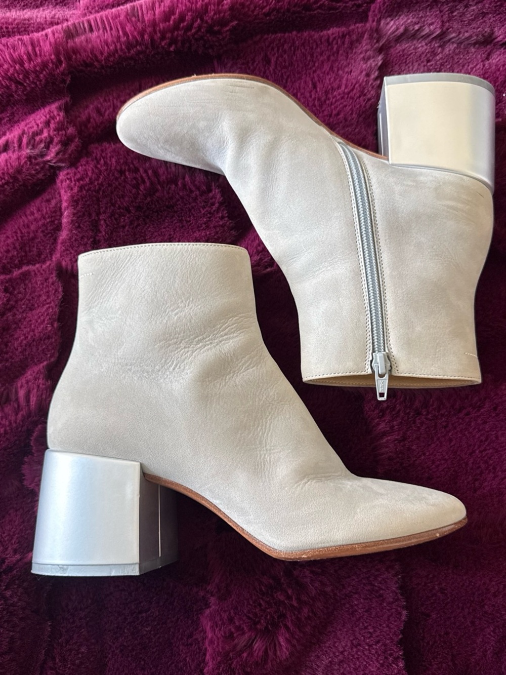 MM6 Maison Margiela Light Grey Suede Ankle Boots with Silver Block Heel